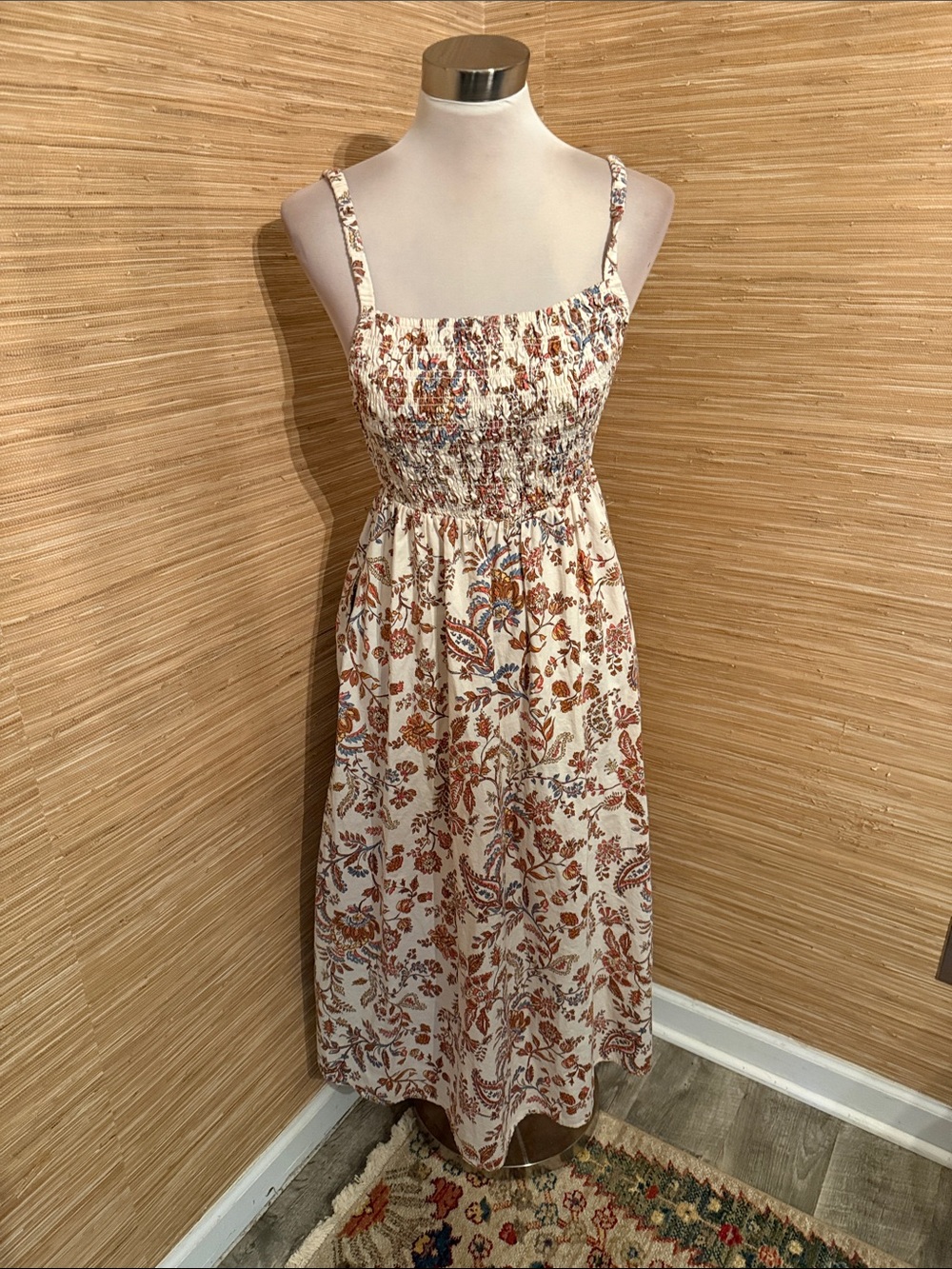 Old Navy Cream Floral Smocked Maxi Dress with Rust and Blue Details